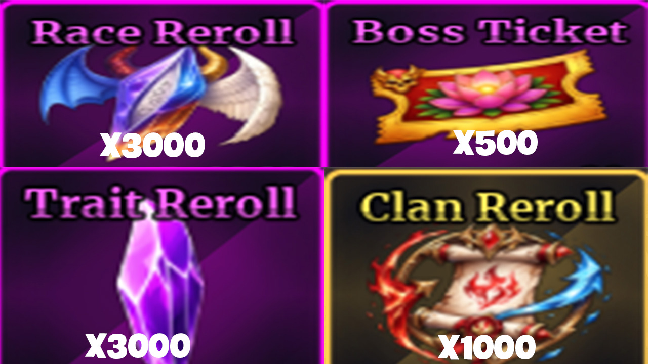 Combo Tân Thủ ( 3000 Race RR, 3000 Trait RR, 1000 Clan RR, 500 Boss Ticket )